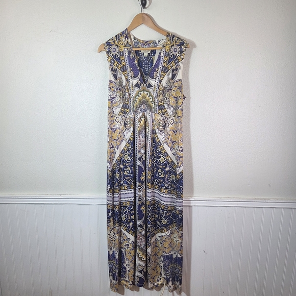 ONE WORLD Dresses & Skirts - One World Womens XL Boho Maxi Dress Rhinestone Embellished Blue Lace Back